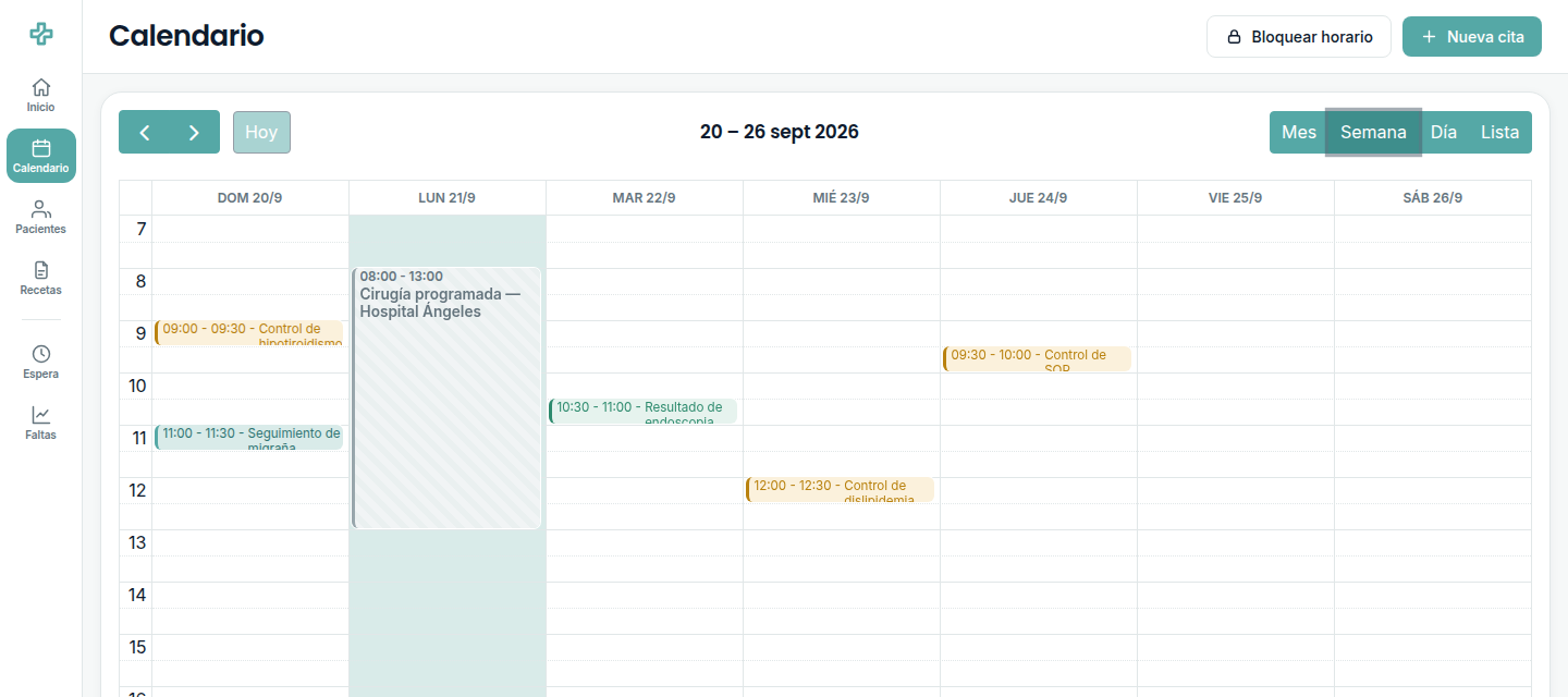 Calendario semanal de OwlCare con citas y un bloqueo de horario.